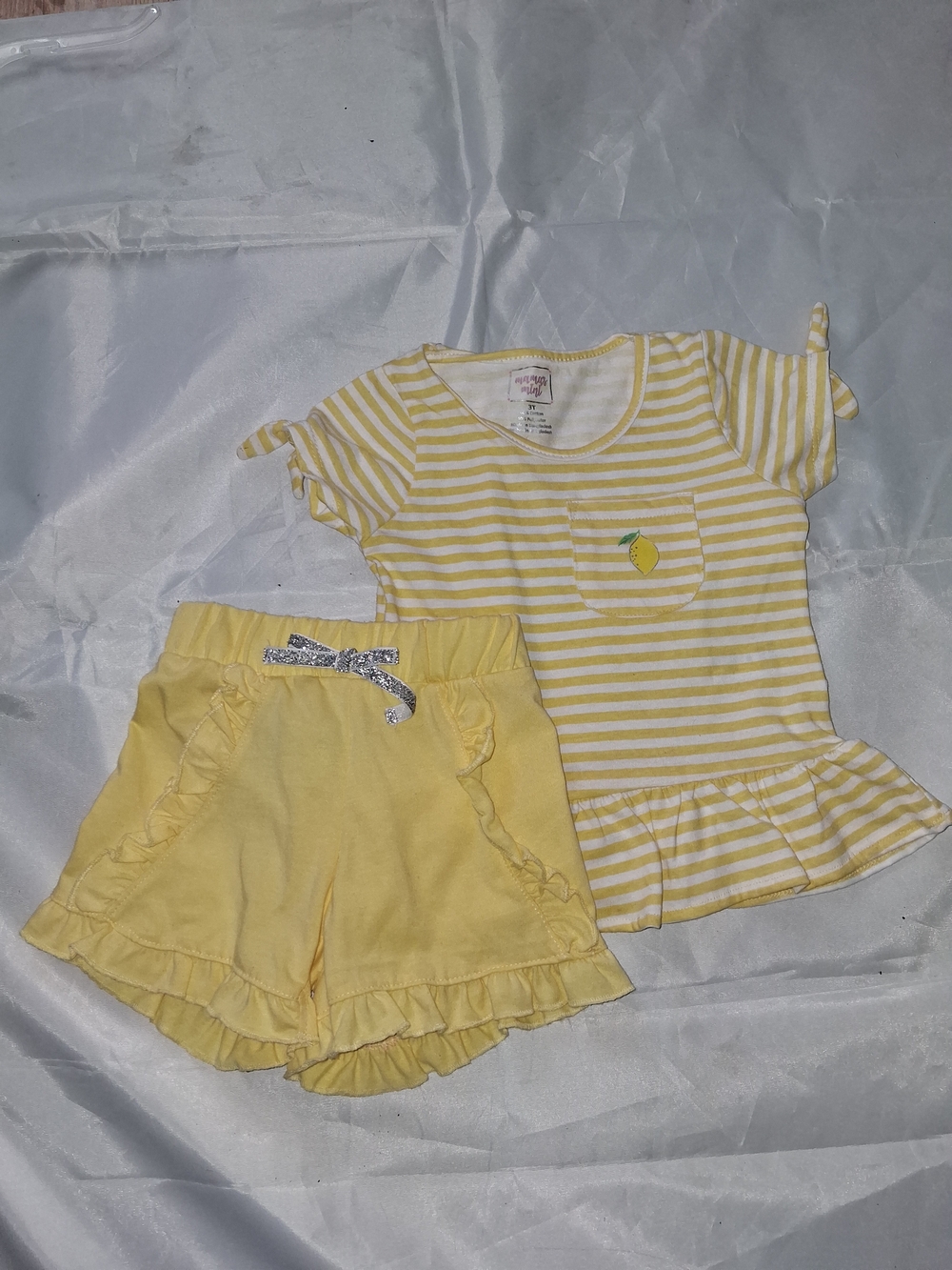 Yellow Striped Lemon Pocket Top & Ruffle Shorts Set